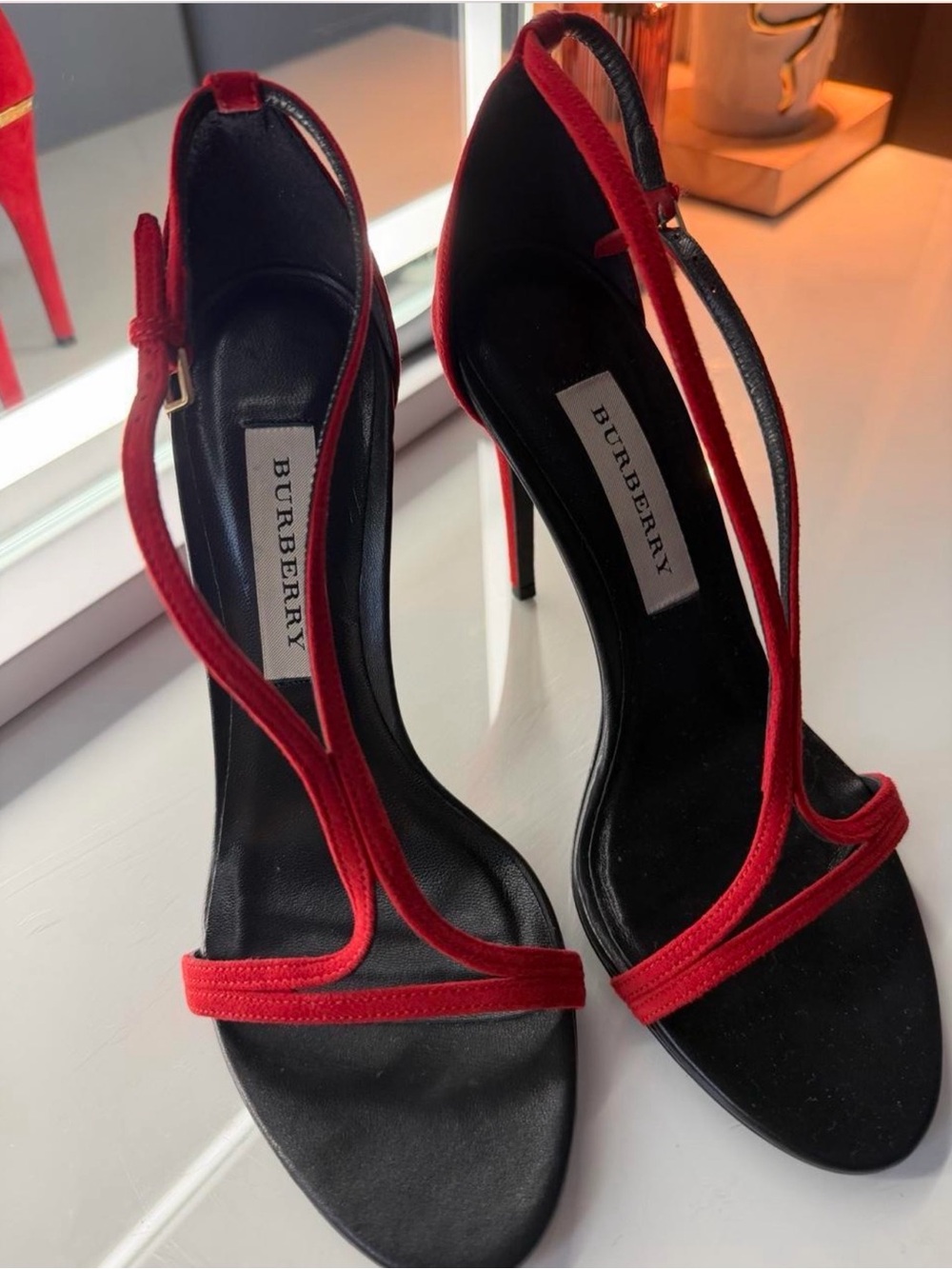 Burberry Red and Black Suede Strappy Stiletto Sandals